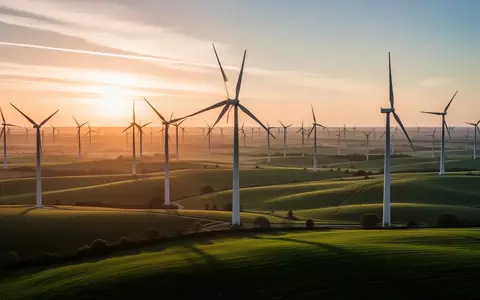 Weitläufiger Windpark in einer hügeligen Landschaft während des Sonnenuntergangs. - Foto: über boerse-global.de