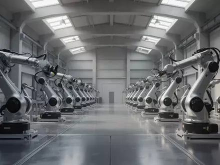 Moderne Industriehalle mit hochmodernen Roboterarmen zur automatisierten Fertigung in einer sauberen Produktionsumgebung. - Foto: über boerse-global.de