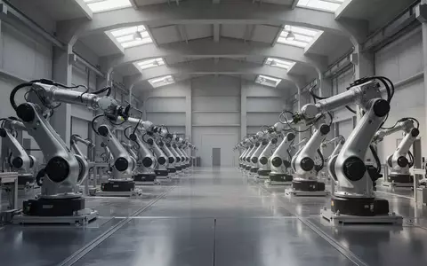 Moderne Industriehalle mit hochmodernen Roboterarmen zur automatisierten Fertigung in einer sauberen Produktionsumgebung. - Foto: über boerse-global.de