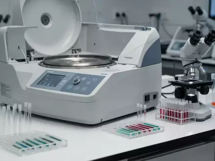 Laborumgebung mit medizinischen Analysegeräten und Objektträgern auf einem sterilen Labortisch. - Foto: über boerse-global.de