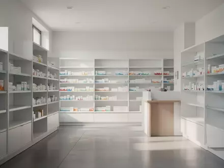 Innenansicht einer modernen, hellen Apotheke mit leeren Regalen und neutraler Architektur. - Foto: über boerse-global.de