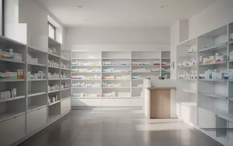 Innenansicht einer modernen, hellen Apotheke mit leeren Regalen und neutraler Architektur. - Foto: über boerse-global.de