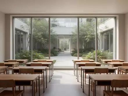 Ein leerer, modern gestalteter Klassenraum mit neutralen Farben und natürlichem Lichteinfall, der eine ruhige Lernumgebung zeigt. - Foto: über boerse-global.de