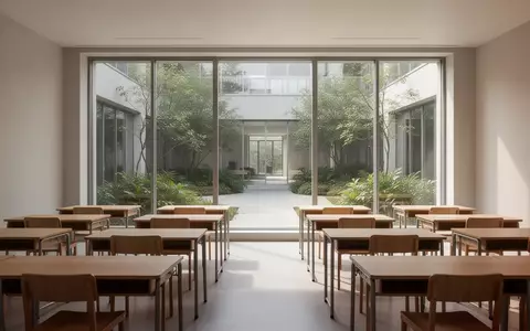 Ein leerer, modern gestalteter Klassenraum mit neutralen Farben und natürlichem Lichteinfall, der eine ruhige Lernumgebung zeigt. - Foto: über boerse-global.de