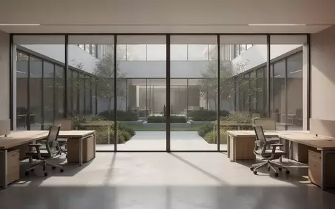 Heller, minimalistischer Büroraum mit großen Fenstern und Blick auf einen begrünten Innenhof, der Ordnung und Effizienz vermittelt. - Foto: über boerse-global.de