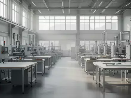 Leere, moderne Industriehalle in Thüringen mit großen Fensterfronten und Arbeitsplätzen bei natürlichem Tageslicht. - Foto: über boerse-global.de