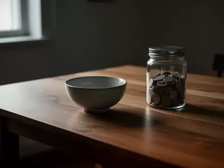 Eine leere Keramikschale und eine einfache Sparbüchse auf einem Holztisch bei natürlichem Licht. - Foto: über boerse-global.de