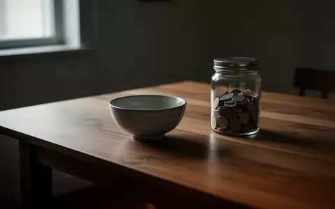 Eine leere Keramikschale und eine einfache Sparbüchse auf einem Holztisch bei natürlichem Licht. - Foto: über boerse-global.de