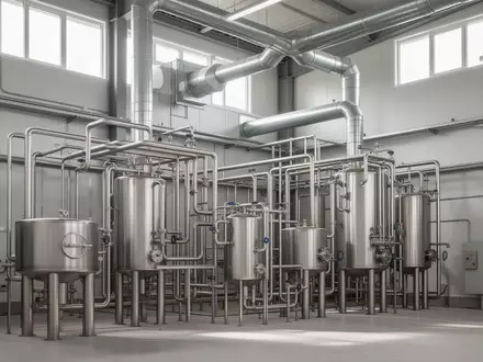 Industrielle Chemieanlage mit Edelstahlrohren und Lüftungssystemen in einer Produktionshalle. - Foto: über boerse-global.de