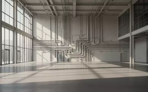Helle, minimalistische Industriehalle mit klaren architektonischen Linien und geometrischem Schattenwurf. - Foto: über boerse-global.de