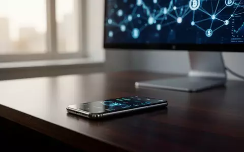 Ein modernes Büro mit einem Smartphone auf einem Schreibtisch vor einem Monitor mit abstrakten Finanzdaten. - Foto: über boerse-global.de