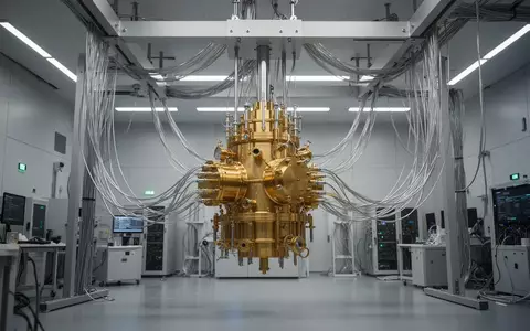 Ein goldener Quantencomputer-Kryostat in einem modernen, hochtechnologischen Labor mit komplexer Verkabelung. - Foto: über boerse-global.de