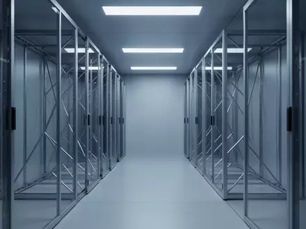Ein minimalistischer, modern gestalteter Flur in einem Rechenzentrum mit kühler Beleuchtung und klaren architektonischen Linien. - Foto: über boerse-global.de