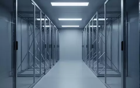 Ein minimalistischer, modern gestalteter Flur in einem Rechenzentrum mit kühler Beleuchtung und klaren architektonischen Linien. - Foto: über boerse-global.de