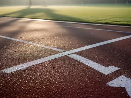 Nahaufnahme einer leeren Sportplatz-Laufbahn bei morgendlichem Licht als Symbol für Trainingsplanung und Athletik. - Foto: über boerse-global.de