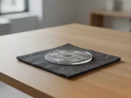 Ein kleiner Silizium-Wafer mit mikroskopischen Strukturen liegt auf einer dunklen Stoffoberfläche auf einem Holztisch. - Foto: über boerse-global.de