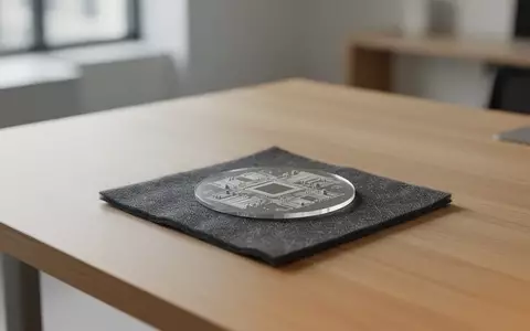 Ein kleiner Silizium-Wafer mit mikroskopischen Strukturen liegt auf einer dunklen Stoffoberfläche auf einem Holztisch. - Foto: über boerse-global.de