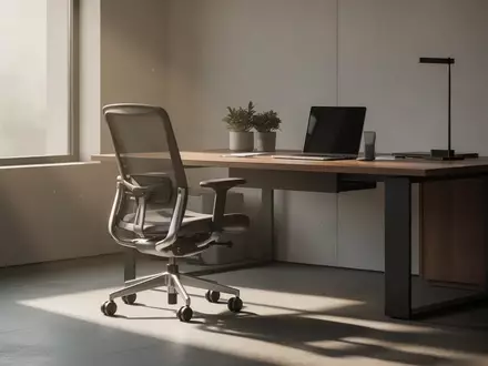 Ein minimalistischer, moderner Arbeitsplatz mit einem ergonomischen Stuhl und einem Schreibtisch in hellem, natürlichem Licht. - Foto: über boerse-global.de