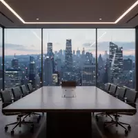 Ein leerer, moderner Konferenzraum mit Glasfassade und Blick auf eine verschwommene Finanzmetropole in der Dämmerung. - Foto: über boerse-global.de