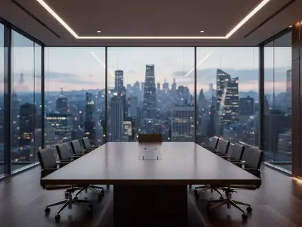 Ein leerer, moderner Konferenzraum mit Glasfassade und Blick auf eine verschwommene Finanzmetropole in der Dämmerung. - Foto: über boerse-global.de