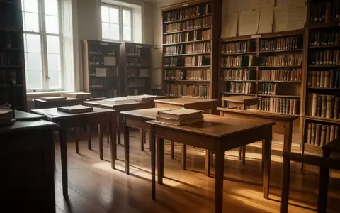 Ein leerer, sonnendurchfluteter Bibliotheksraum mit hölzernen Schreibtischen und Bücherregalen in einer ruhigen Lernumgebung. - Foto: über boerse-global.de