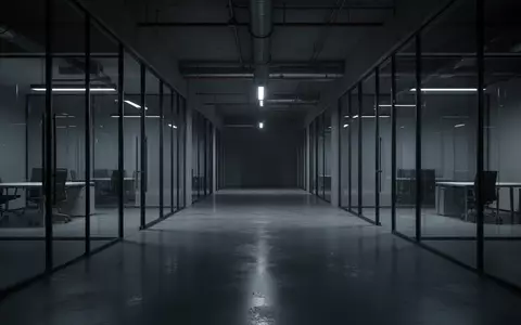 Ein dunkles, modernes Büro mit Glaswänden und polierten Betonböden in kühler, kinoreifer Beleuchtung. - Foto: über boerse-global.de