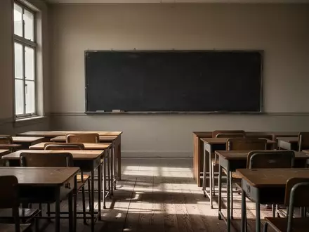 Ein leerer, sonnendurchfluteter Klassenraum mit leeren Schulbänken und einer leeren Tafel. - Foto: über boerse-global.de