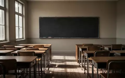 Ein leerer, sonnendurchfluteter Klassenraum mit leeren Schulbänken und einer leeren Tafel. - Foto: über boerse-global.de