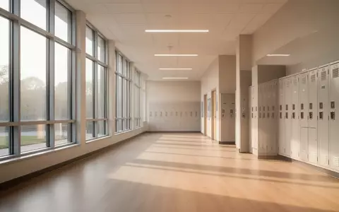 Ein heller, moderner Schulflur mit großen Fenstern und Holzboden in einer ruhigen Atmosphäre. - Foto: über boerse-global.de