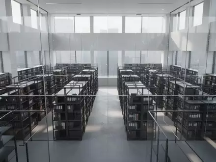 Ein minimalistischer, leerer Archivraum mit geordneten Metallregalen in einem modernen Gebäude bei natürlichem Tageslicht. - Foto: über boerse-global.de