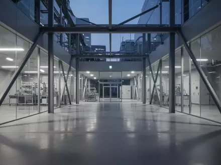 Ein minimalistisches, hochmodernes Industrielabor in Tokio mit glatten Betonböden und atmosphärischer Beleuchtung. - Foto: über boerse-global.de