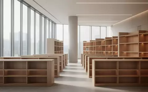 Ein minimalistischer, moderner Arbeitsbereich mit leeren Holzregalen in hellem, natürlichem Tageslicht. - Foto: über boerse-global.de