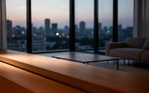 Ein minimalistisch eingerichtetes, modernes Wohnzimmer während der Dämmerung mit weichem Licht und Blick auf eine Stadtkulisse. - Foto: über boerse-global.de