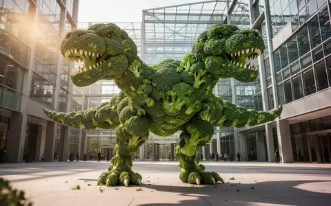 Eine aus Brokkoli gefertigte Dinosaurier-Skulptur auf einem modernen Platz vor einer Glasfassade. - Foto: über boerse-global.de