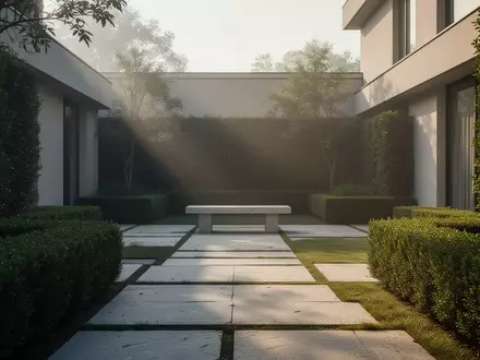 Ein minimalistisch gestalteter Garteninnenhof mit Steinwegen und Hecken in der Morgensonne. - Foto: über boerse-global.de