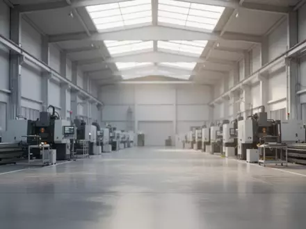 Helle, moderne Industriehalle mit geordneten Maschinen und einfallendem Tageslicht als Symbol für automatisierte Wissensprozesse. - Foto: über boerse-global.de