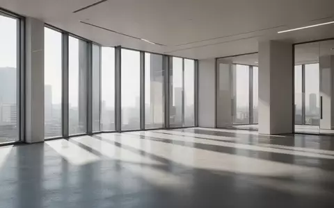 Ein minimalistischer, moderner Raum mit großen Fenstern und geometrischen Licht- und Schattenwürfen auf einem Betonboden. - Foto: über boerse-global.de