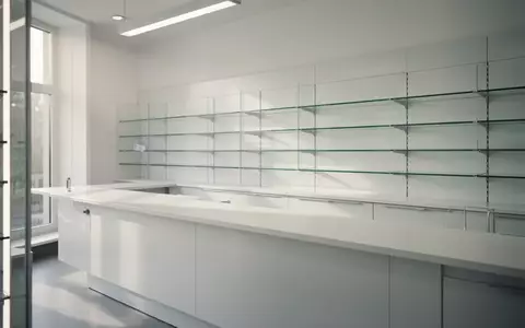 Leerer, minimalistischer Apothekentresen in hellem, natürlichem Licht ohne technisches Gerät oder Beschilderung. - Foto: über boerse-global.de