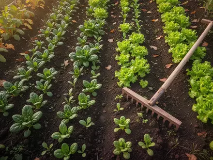 Ein sonnendurchflutetes Gartenbeet mit frisch gesäten jungen Gemüsepflanzen in ordentlichen Reihen im September. - Foto: über boerse-global.de