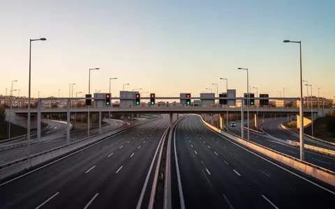 Eine moderne, weitläufige Autobahnkreuzung bei Madrid während der goldenen Stunde ohne Fahrzeuge oder Personen. - Foto: über boerse-global.de