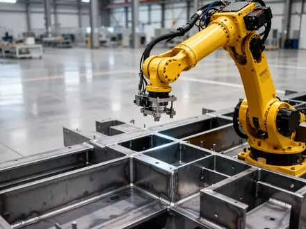 Ein gelber Industrieroboterarm über einem Stahlbauteil in einer modernen, aufgeräumten Fertigungshalle. - Foto: über boerse-global.de