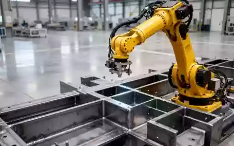 Ein gelber Industrieroboterarm über einem Stahlbauteil in einer modernen, aufgeräumten Fertigungshalle. - Foto: über boerse-global.de