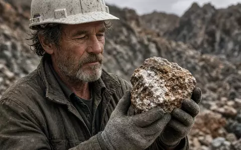 Ein Geologe untersucht eine Gesteinsprobe in einem Bergbaugebiet. - Foto: über boerse-global.de