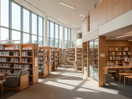 Ein lichtdurchfluteter, moderner Innenraum einer öffentlichen Bibliothek mit Holzregalen und Lernbereichen. - Foto: über boerse-global.de