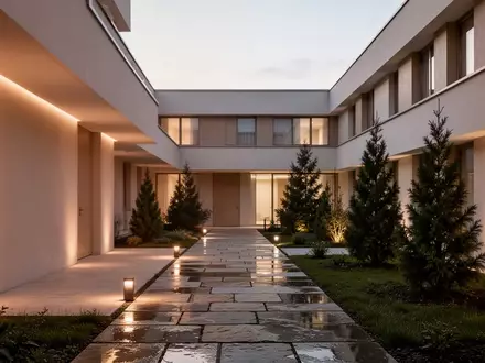 Ein ruhiger Innenhof einer Pflegeeinrichtung in der Abenddämmerung mit minimalistischer Architektur und einem Garten. - Foto: über boerse-global.de