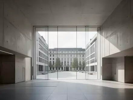 Ein minimalistisches, modernes Regierungsgebäude mit klaren Linien und natürlichem Lichteinfall in einem ruhigen Innenraum. - Foto: über boerse-global.de