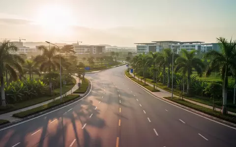 Eine leere, moderne asphaltierte Straße im Hoa Lac Hi-Tech Park in Hanoi, umgeben von üppiger Vegetation. - Foto: über boerse-global.de