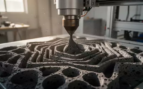 Nahaufnahme einer organisch strukturierten Oberfläche aus Pflanzenkohle-Verbundwerkstoff, die in einem additiven Fertigungsprozess in einer Werkstatt entsteht. - Foto: über boerse-global.de