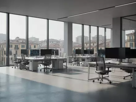 Ein minimalistisches, modernes Büro mit leeren Arbeitsplätzen und natürlichem Licht, das eine professionelle Umgebung für Cybersicherheit symbolisiert. - Foto: über boerse-global.de