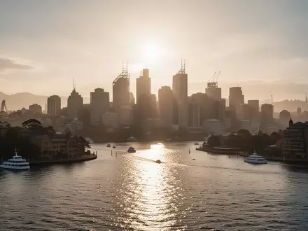Die Skyline von Sydney bei Sonnenuntergang über dem Hafenbecken. - Foto: über boerse-global.de